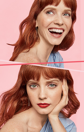 A before and after of a redhead with bangs wearing a natural makeup look 