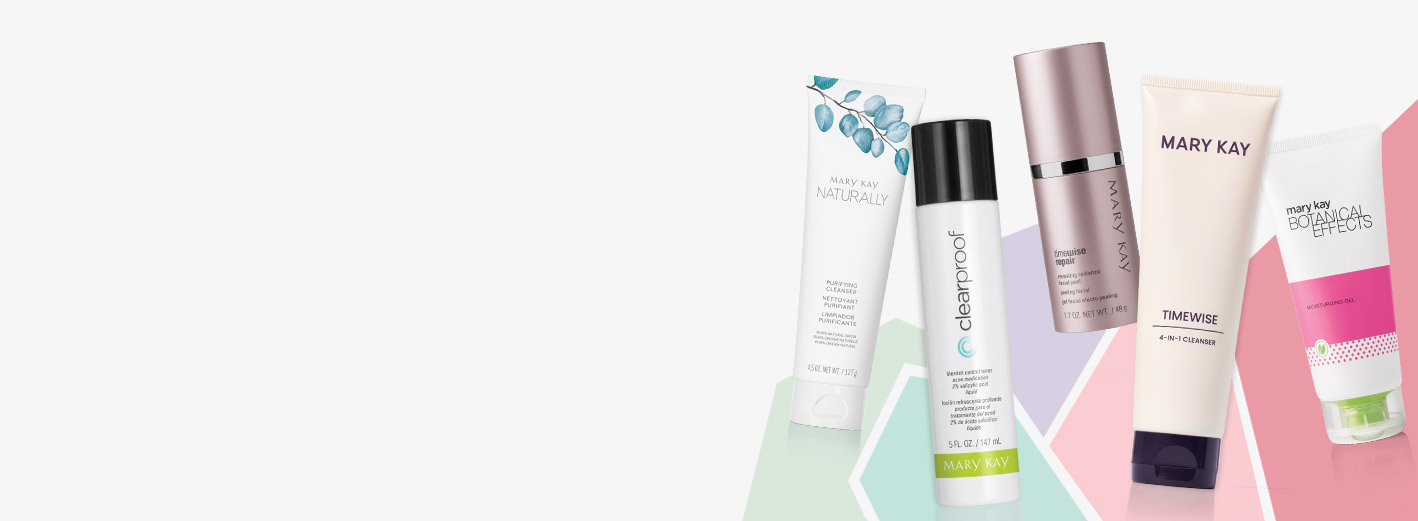 Mary Kay® skin care products from each product line set against a multicolored background. 