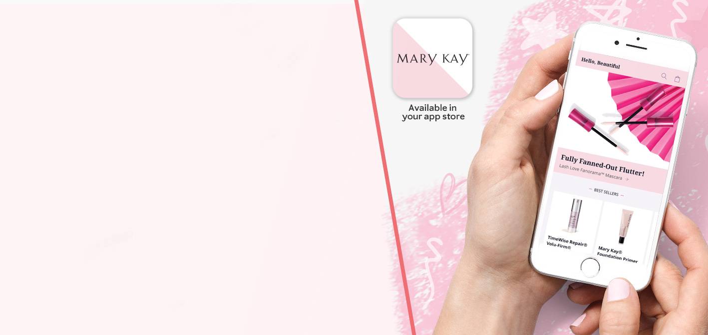 Hands holding a smartphone that features the  Mary Kay® App, all set against a pink background 