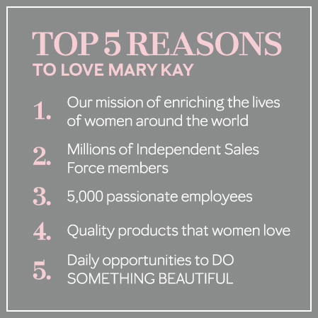 Gray image with pink and white text listing top five reasons to work at Mary Kay.