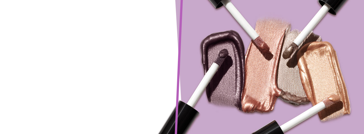Mary Kay® Liquid Eye Shadow rubs and applicators on purple background