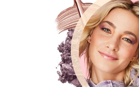 Model wearing an everyday seasonal makeup artist look on a pink background