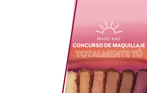 Logotipo del concurso de maquillaje Mary Kay® Totalmente tú contra un fondo de color rosa y anaranjado con muestras de sombras Mary Kay® en primer plano