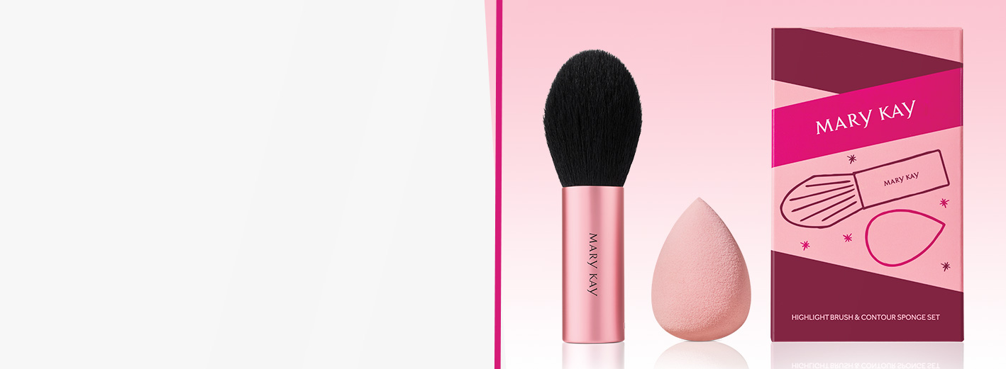 Limited-edition Mary Kay® Highlight Brush & Contour Sponge Set next to packaging against pink gradient background