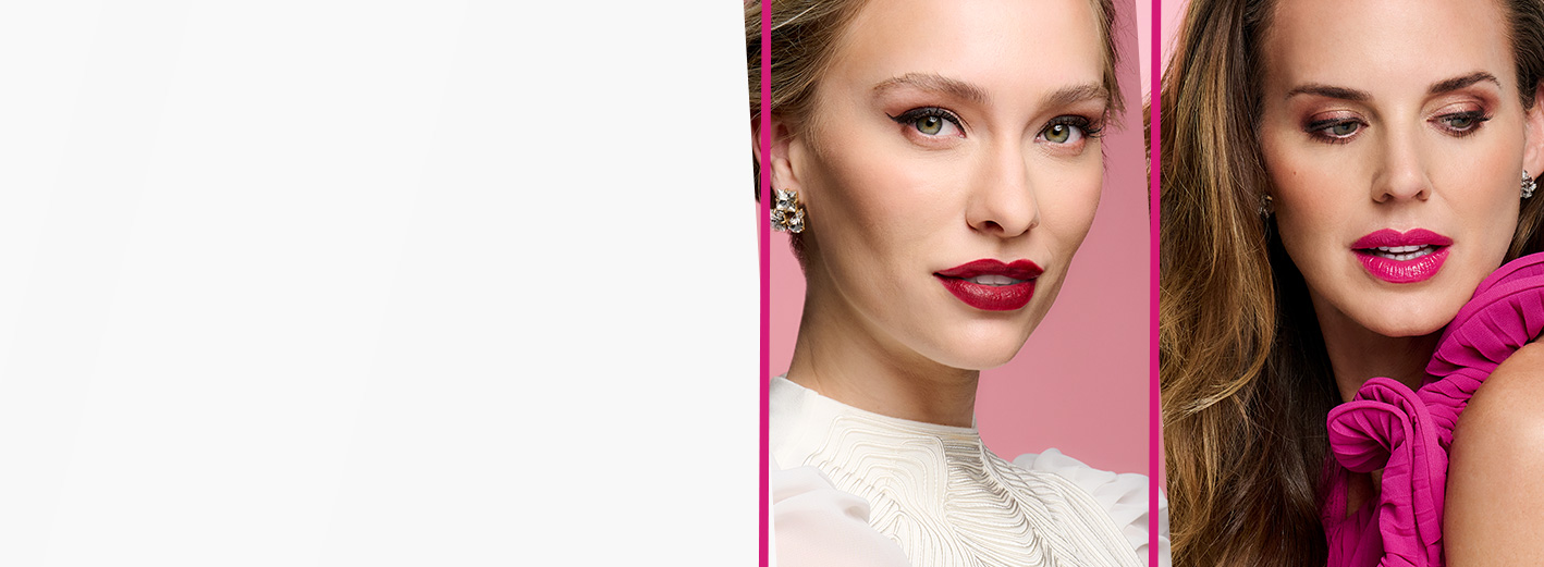 Primer plano de dos modelos que lucen looks de maquillista para las fiestas de fin de año contra fondos de color rosa