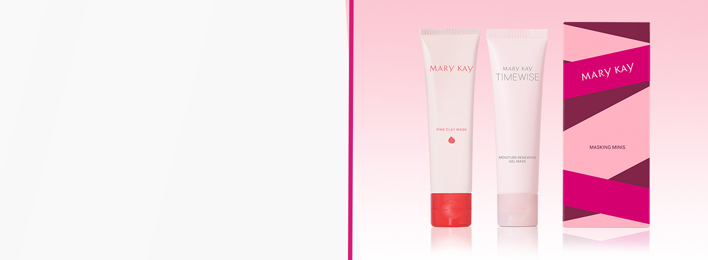 Limited-edition Mary Kay® Masking Minis tubes next to exterior packaging against pink gradient background