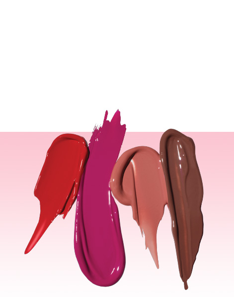 Product rubs of limited-edition Mary Kay® Vinyl Shine Liquid Lip Sets in Luminous Red and Vivid Berry and in Glowing Neutral and Brilliant Brown against light pink background 