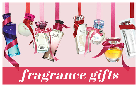 An assortment of women’s fragrances hanging like holiday ornaments above text that reads fragrance gifts   