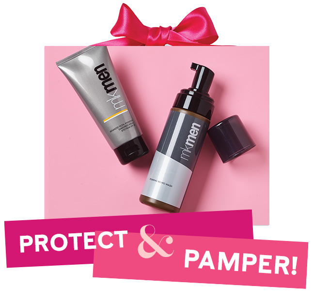 MKMen® Advanced Facial Hydrator Sunscreen Broad Spectrum SPF 30 and special-edition† MKMen® Foaming Beard Wash on a pink background with a pink bow 