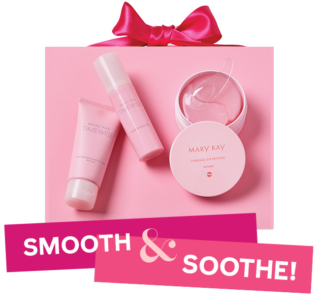 The TimeWise® Microdermabrasion Plus Set and Mary Kay® Hydrogel Eye Patches on a pink background with a pink bow
