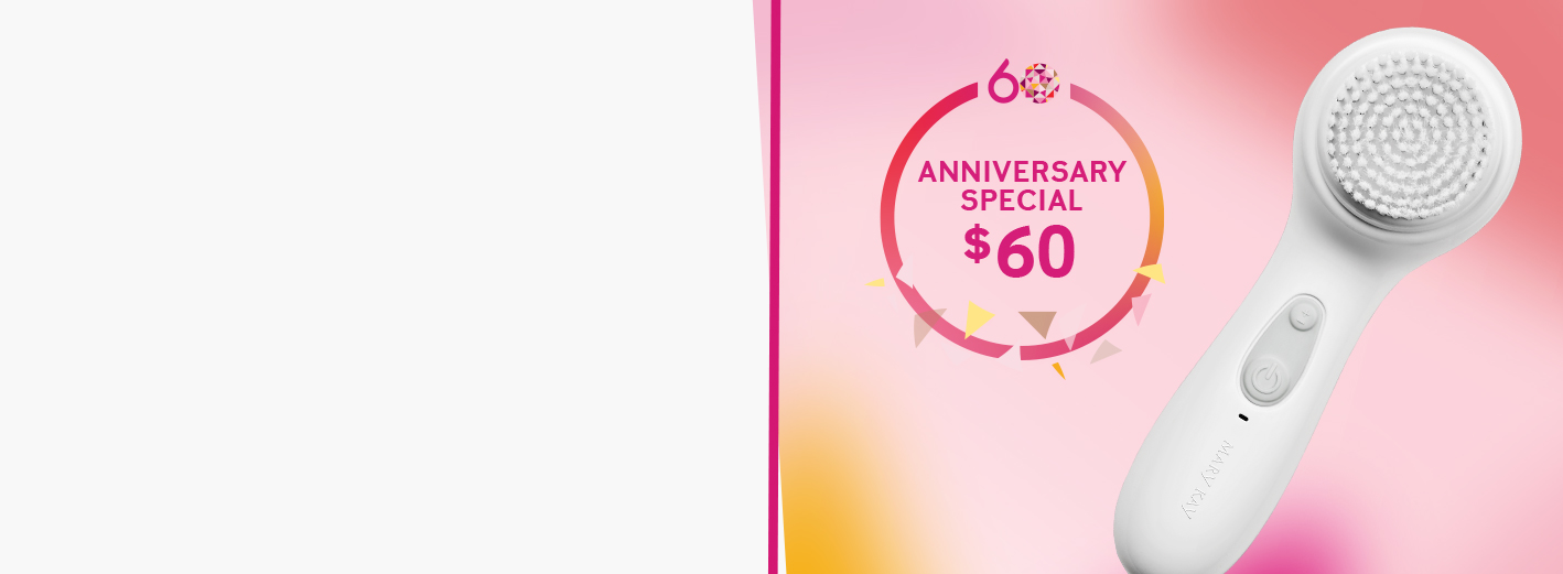 Skinvigorate Sonic™ Skin Care System with brush head set at an angle on pink gradient background with graphic that includes 60th anniversary logo with confetti and copy
