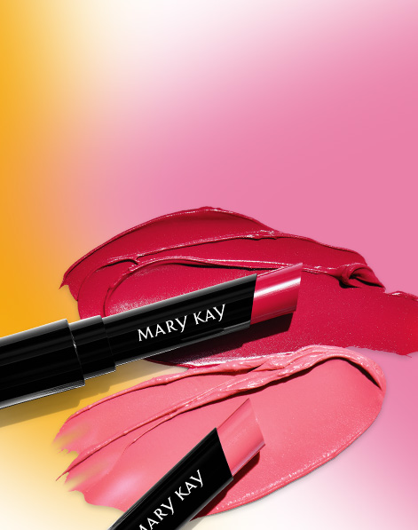 Mary Kay® Supreme Hydrating Lipstick in Very Raspberry and Think of Pink without lids, styled atop textured product rubs