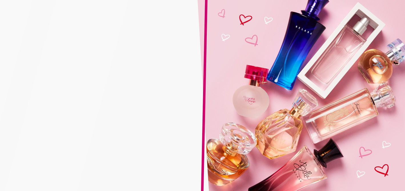 Line up of Mary Kay® fragrances set against a tiered pink background featuring graphic hearts