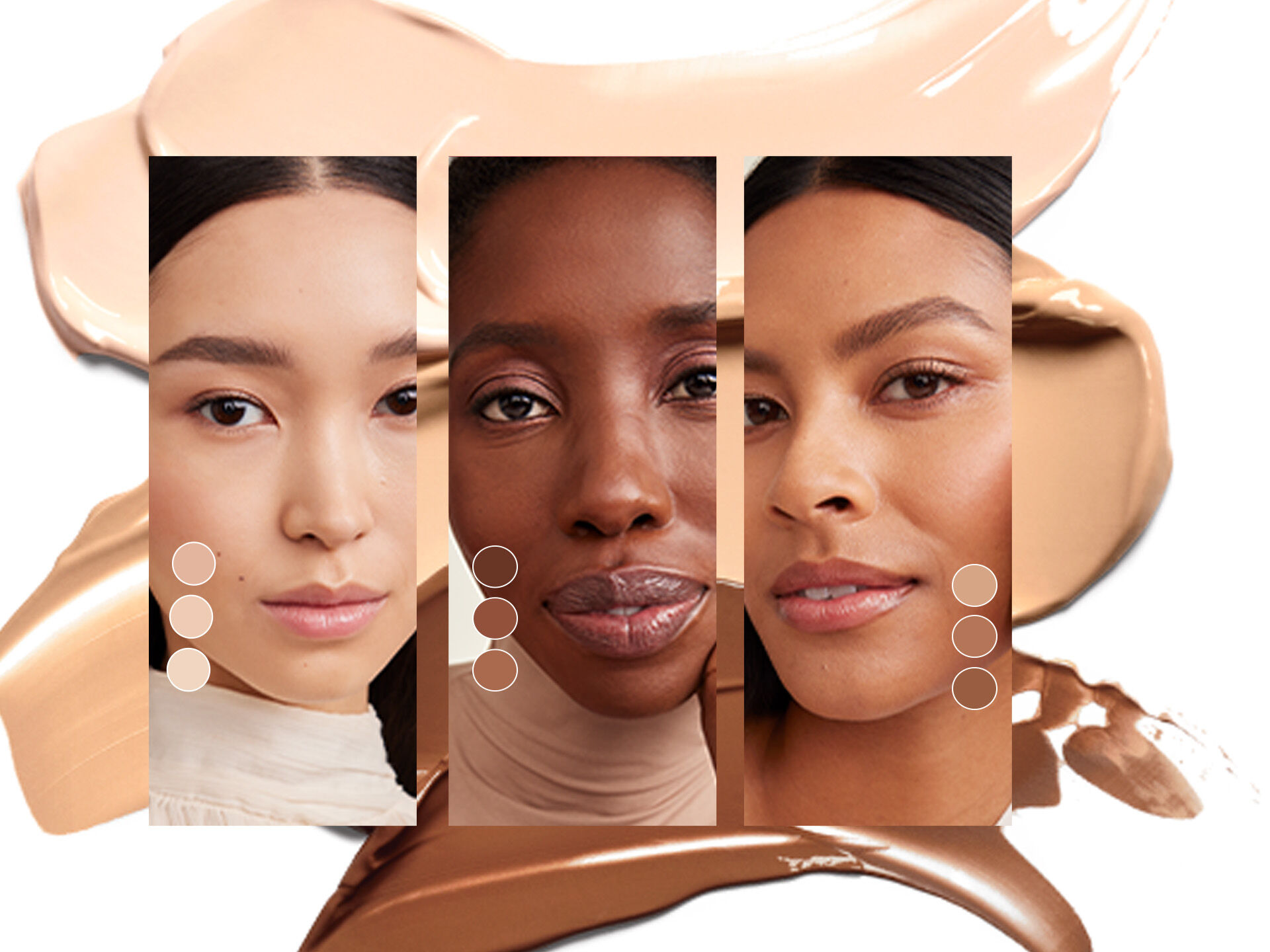 Tres modelos en marcos separados con frotaciones de productos Mary Kay en el fondo