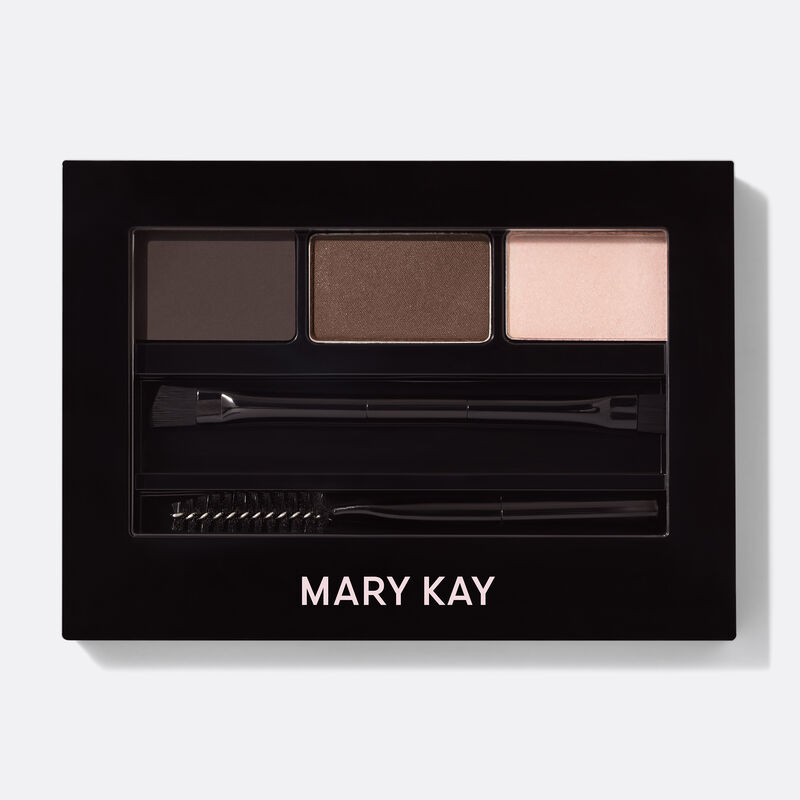 A closed compact of limited-edition Mary Kay Brow Kit in shade Dark Brunette against plain background
