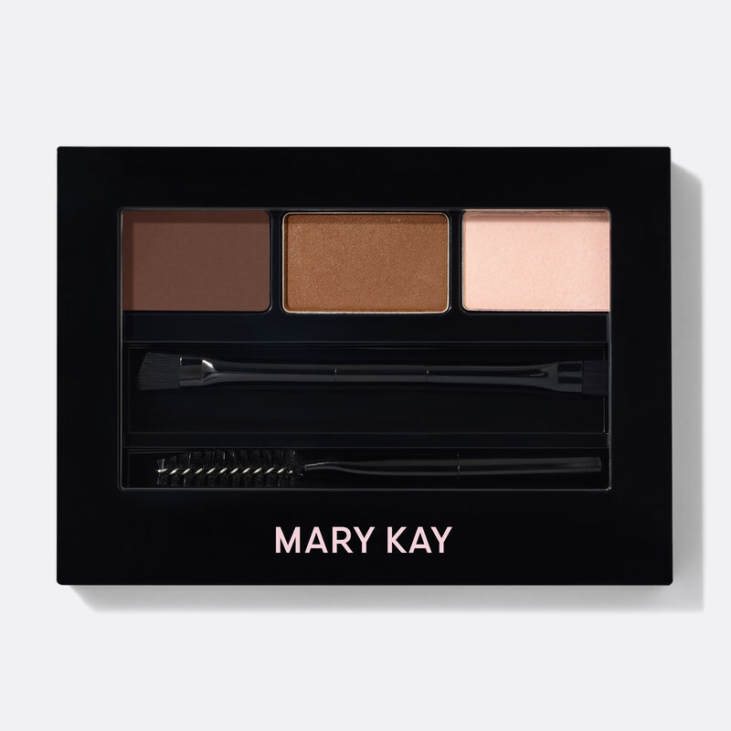 A closed compact of the limited-edition Mary Kay Brow Kit in Brunette against plain background