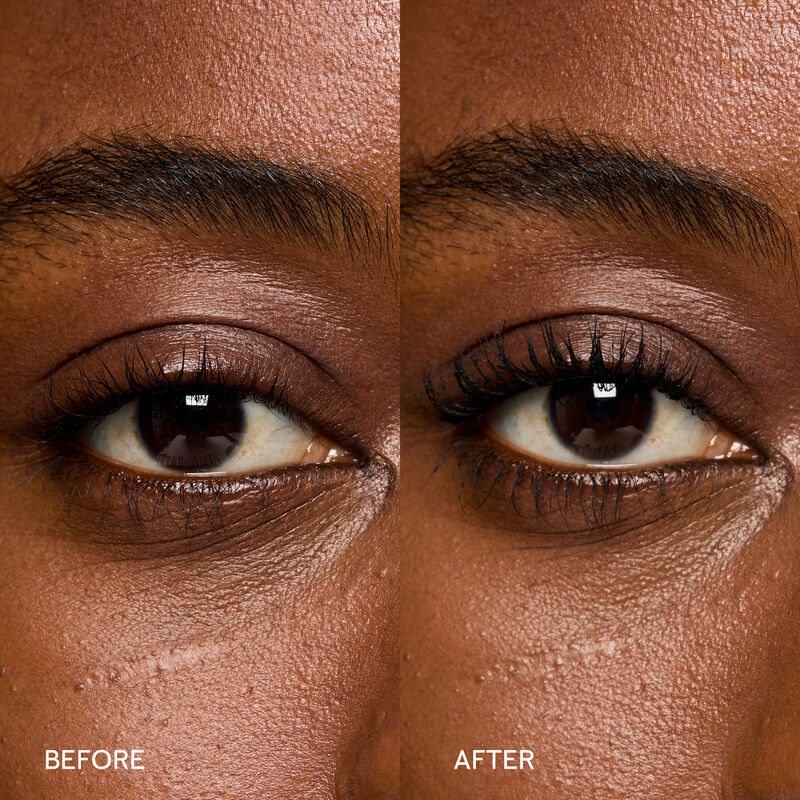 Im&aacute;genes de antes y despu&eacute;s del r&iacute;mel Lash Love Fanorama Define+Lift Mascara en las pesta&ntilde;as de una modelo con tono de piel oscuro