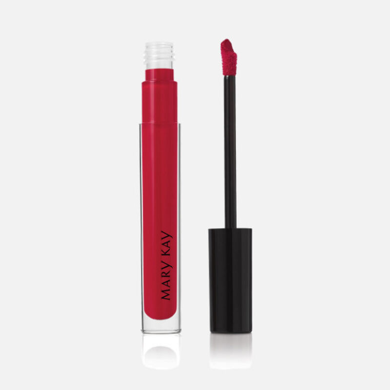 Open tube of Mary Kay Unlimited Lip Gloss in shade Iconic Red with accompanying applicator.