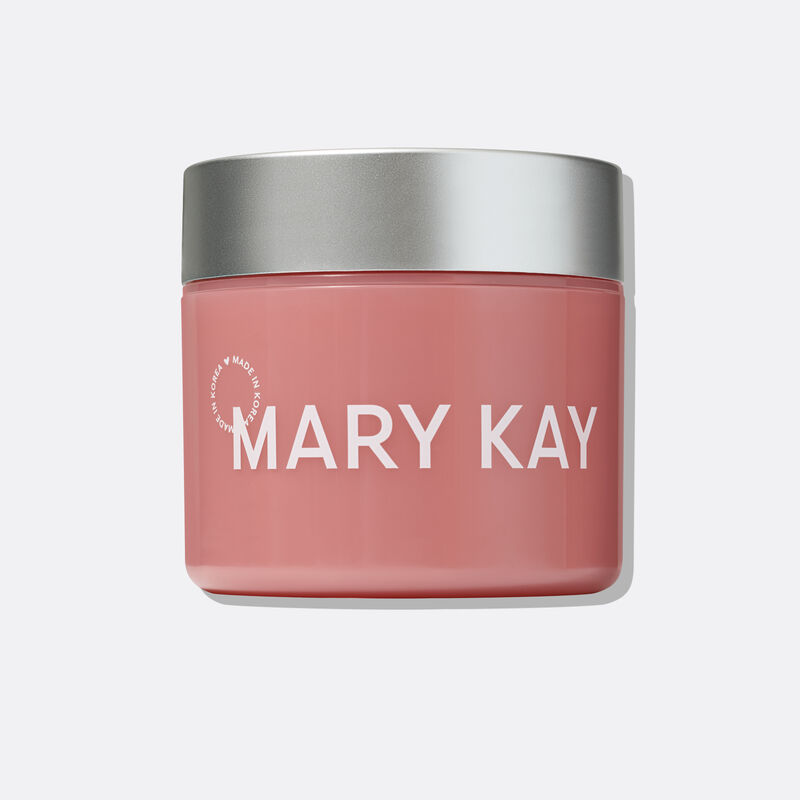 Frasco de Mary Kay Collagen Moisturizing Gel con envase rosa, tapa gris y texto en blanco