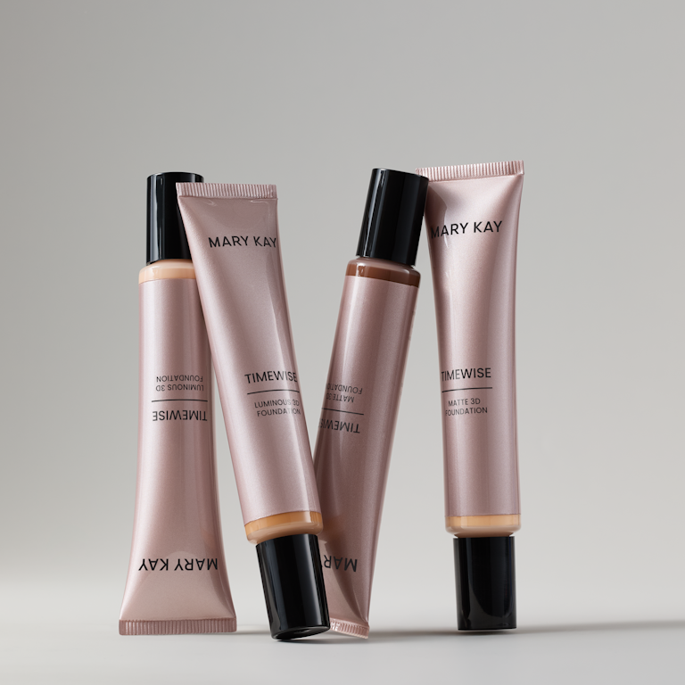 Four tubes of Mary Kay TimeWise 3D Foundation in sleek rose‑gold packaging standing upright at various angle