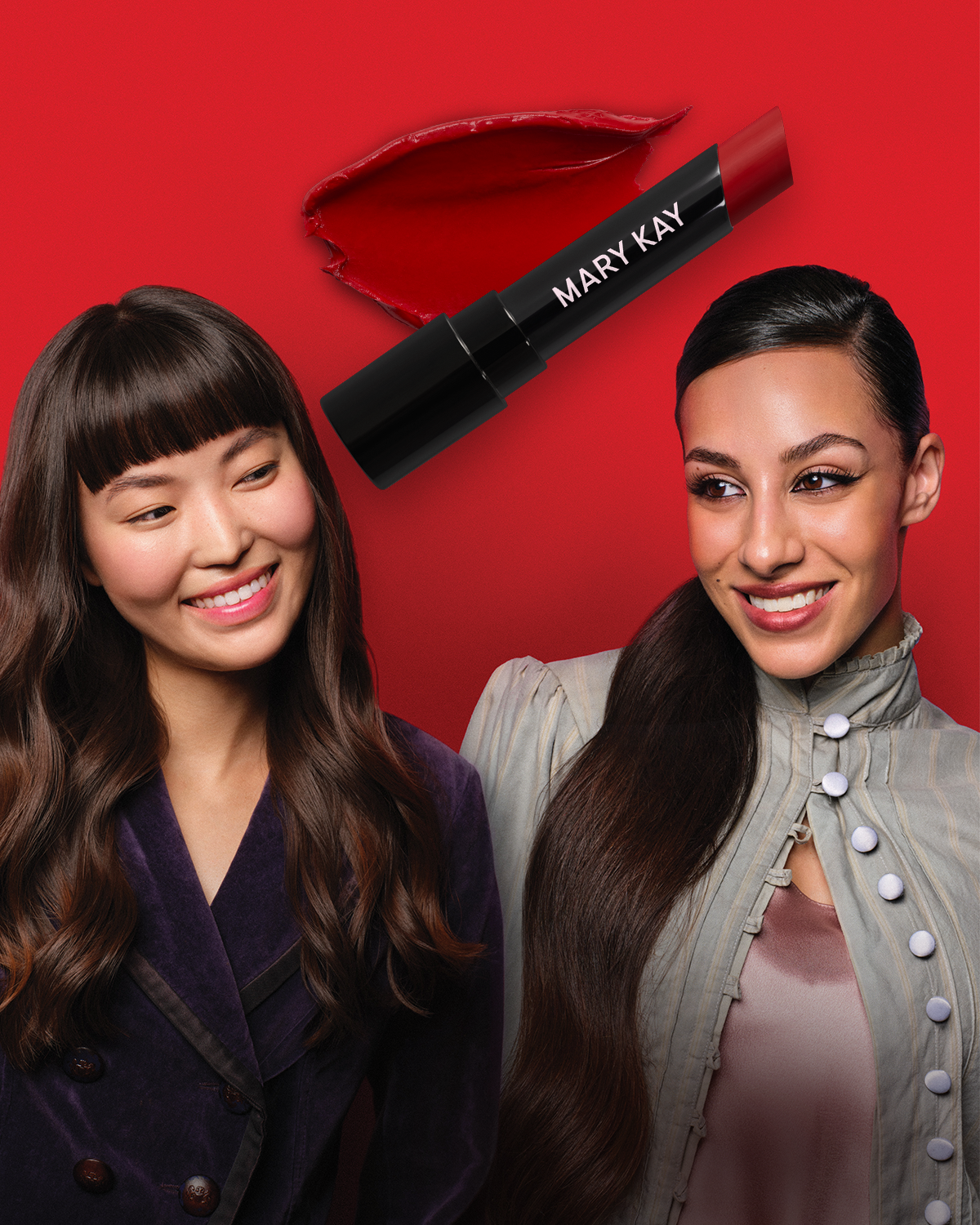  Two smiling women framed by red backdrop with Supreme Hydrating Lipstick featured above them