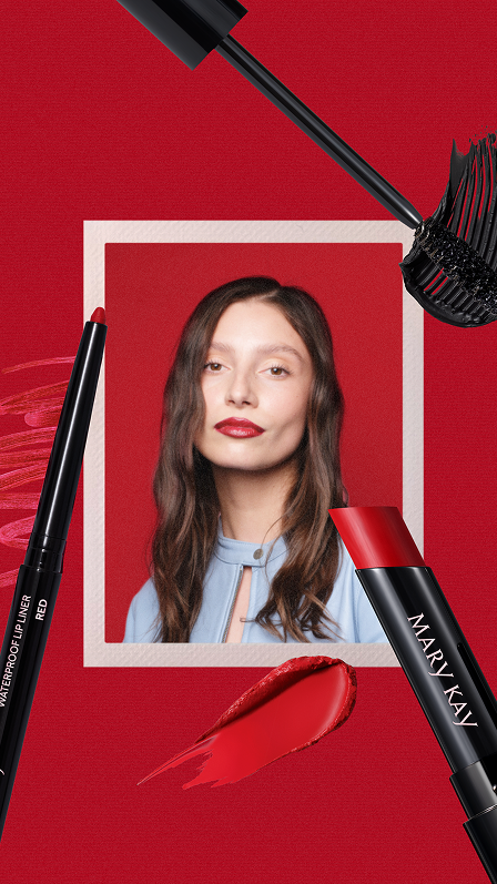 Smiling woman in polaroid frame surrounded by makeup rubs and products 