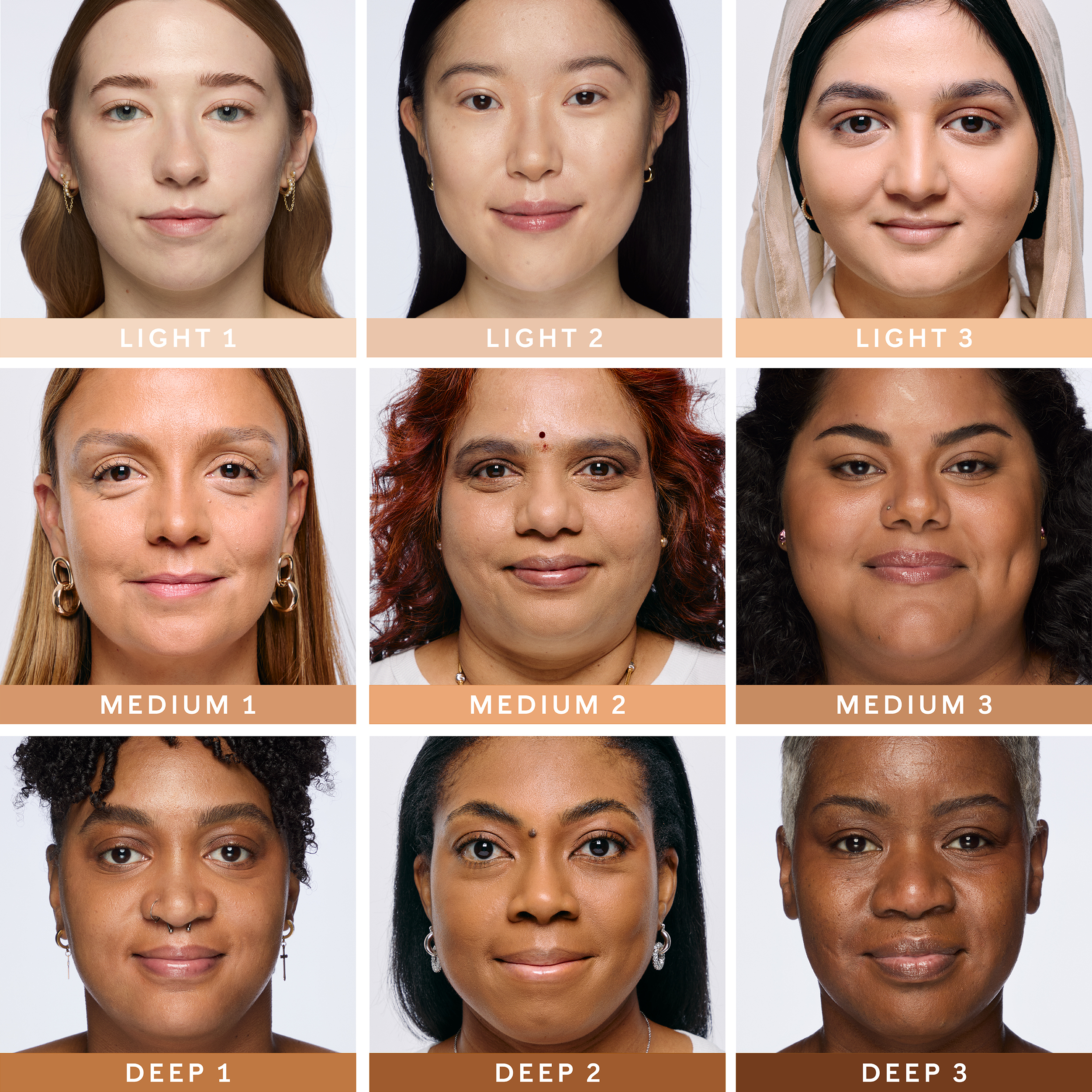 Various models showcase the shade range of Mary Kay Multi-Benefit Concealer in shades ranging from Light 1 to Deep 3